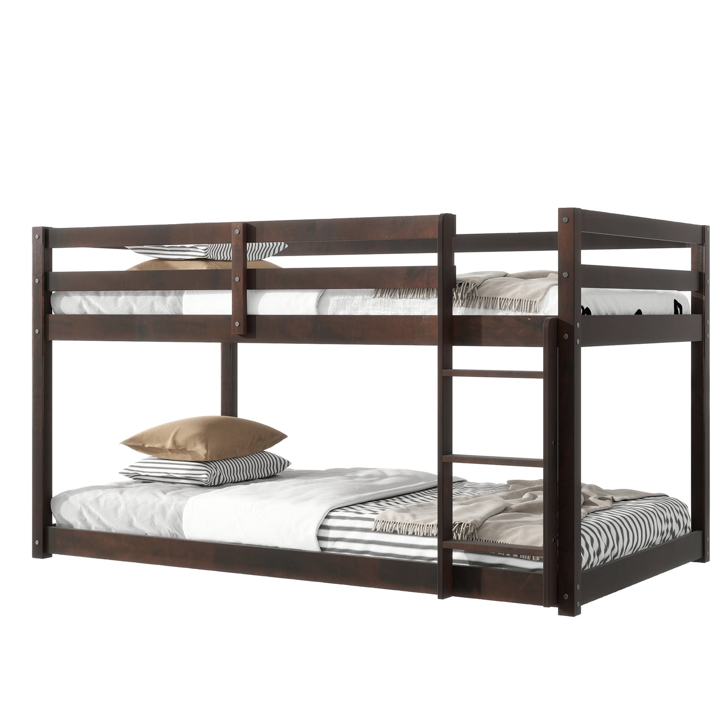 Dark brown wooden bunk bed with striped bedding and pillows