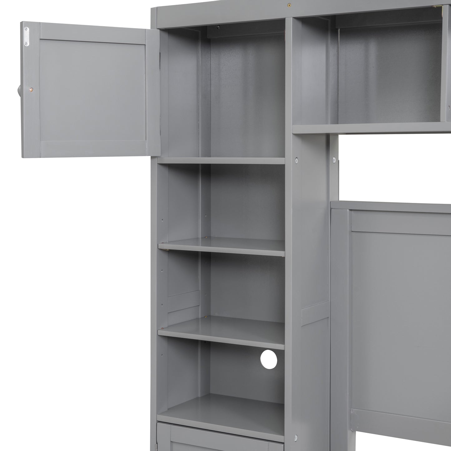 Open gray cabinet with visible shelves and a single drawer