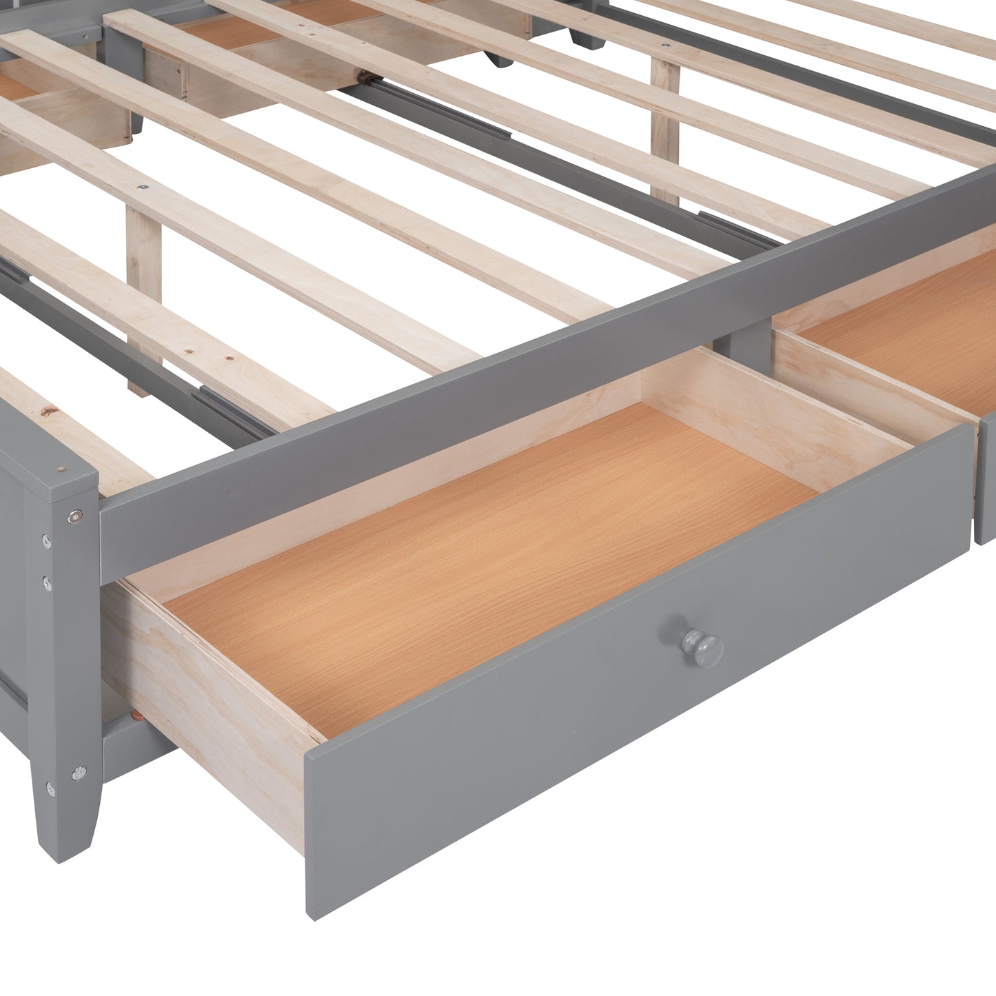Gray twin bed frame with two builtin storage drawers and wood slat support