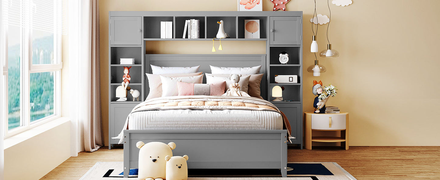 Gray wooden twin bed frame with builtin shelving and storage perfect for kids rooms