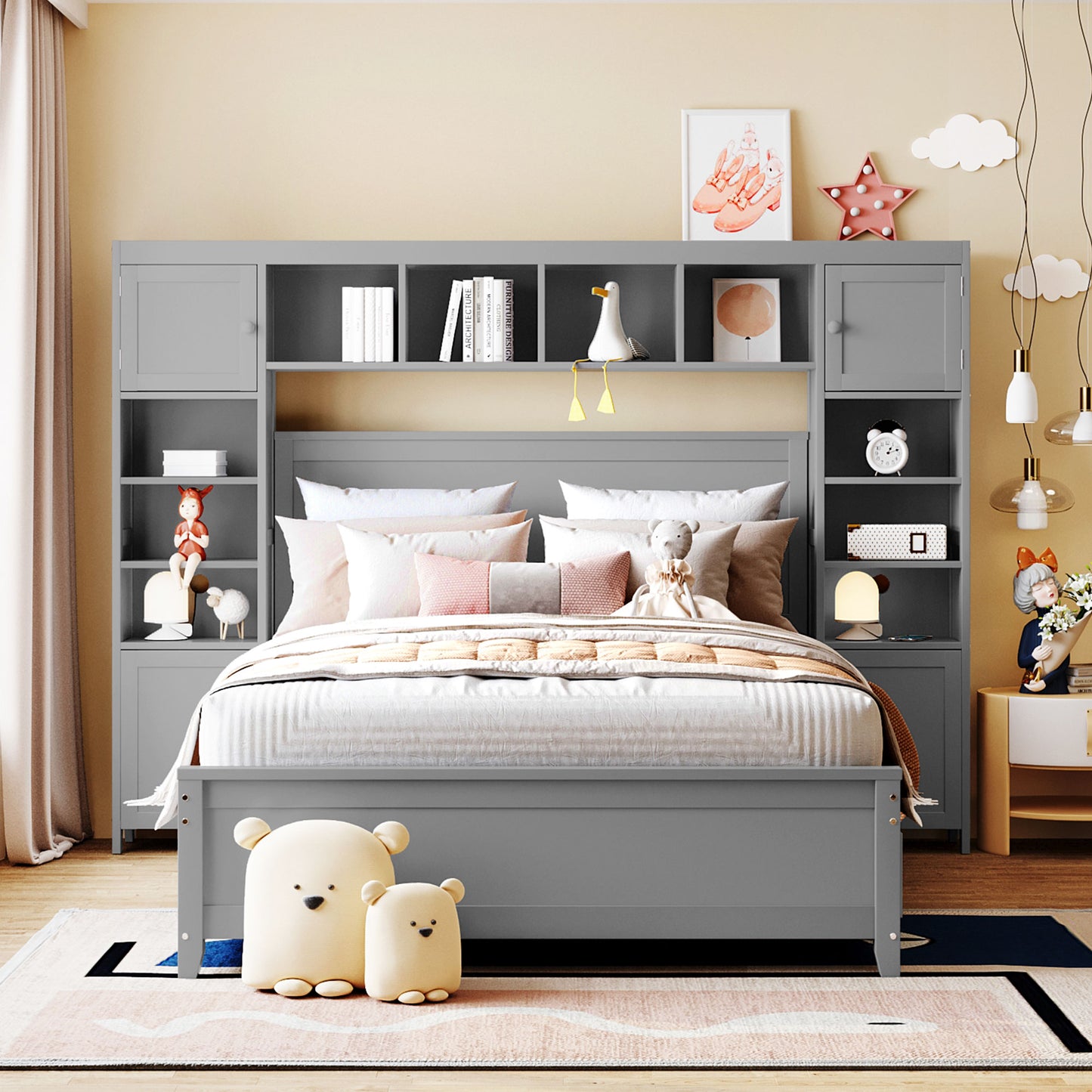 Gray wooden twin bed with integrated bookshelf headboard