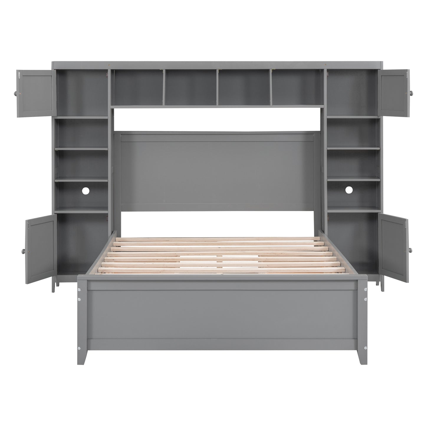 Gray wooden bed frame with integrated shelving and cabinet storage