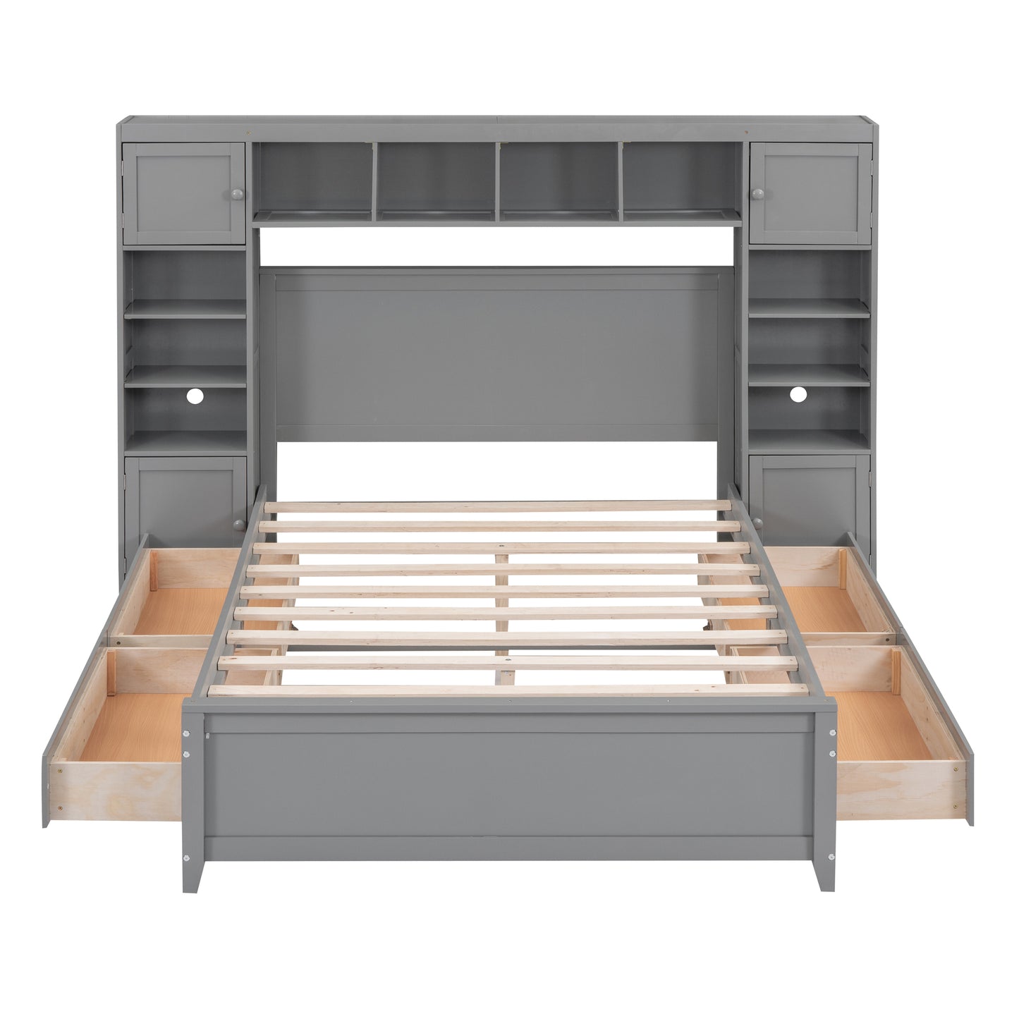 Gray wooden bed frame with drawers and bookshelf headboard