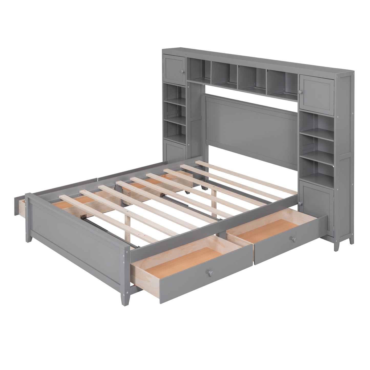 Gray wooden storage bed frame with open drawers and shelving