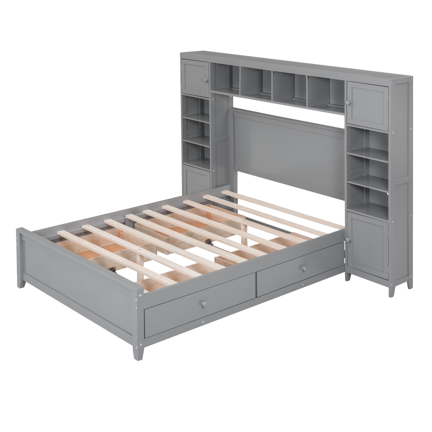 Gray twin bed frame with storage headboard and drawers