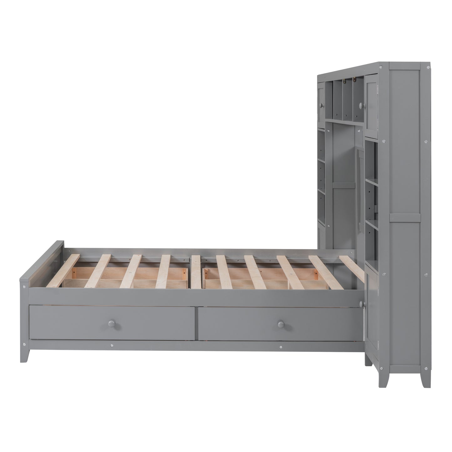 Gray twin bed frame with builtin bookshelf and drawers