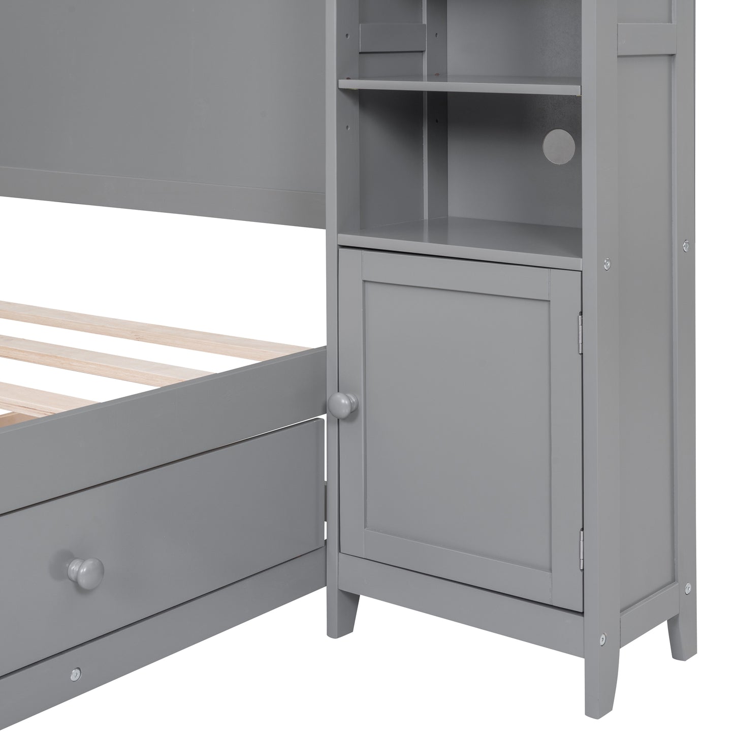 Gray wooden bunk bed with integrated storage cabinet and drawers