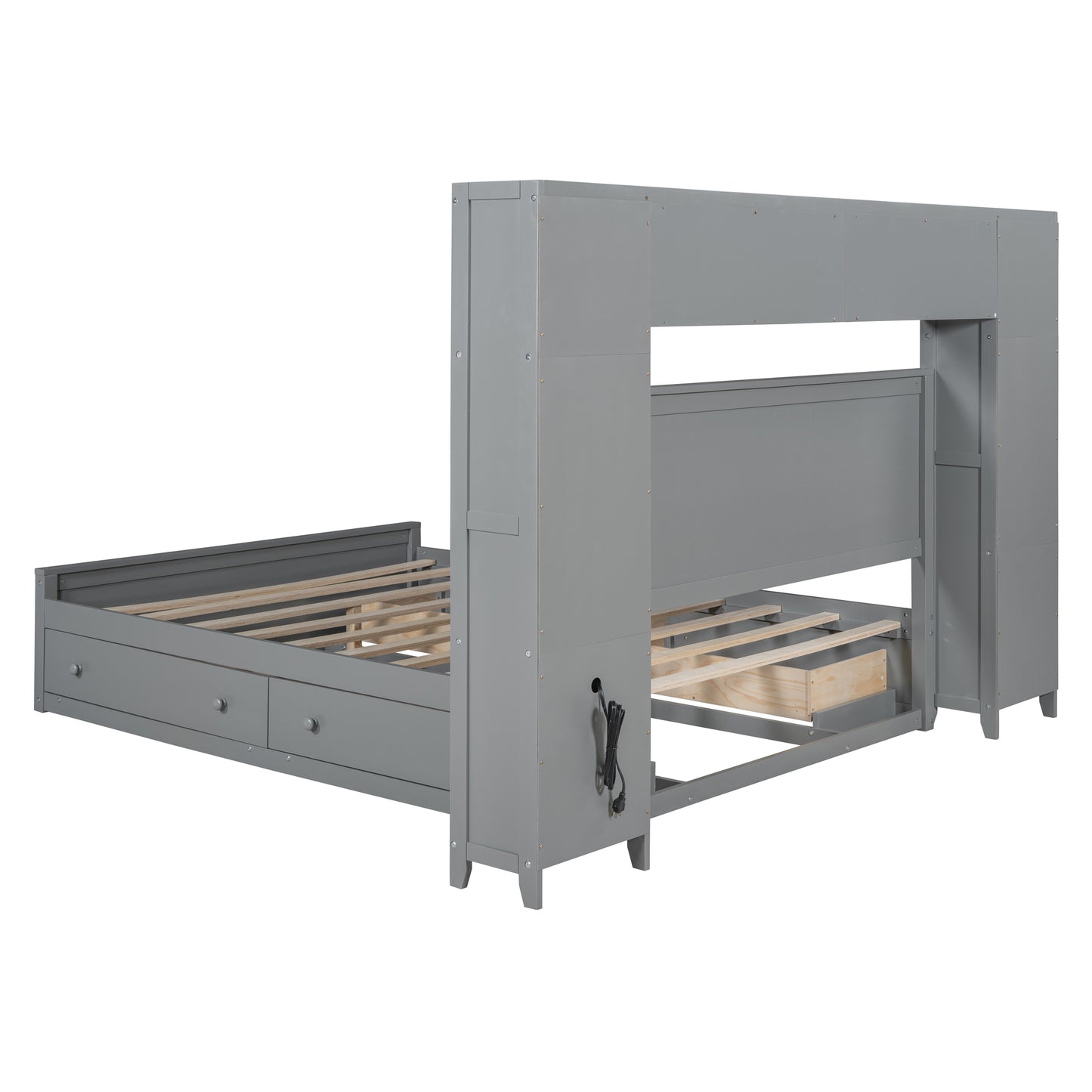 Gray wooden bunk bed frame with drawers and builtin storage compartments