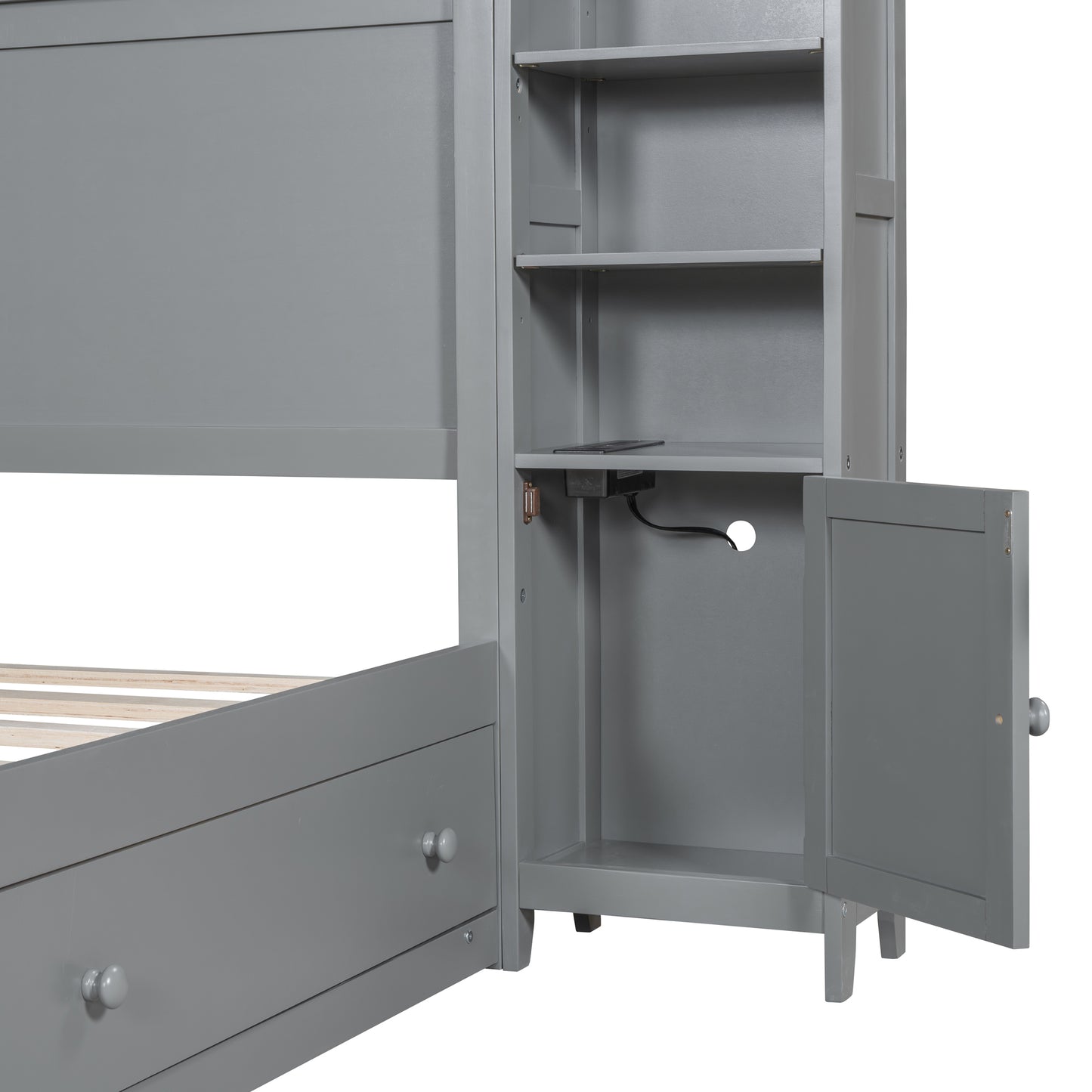 Gray wooden bunk bed frame with builtin shelves and open cabinet