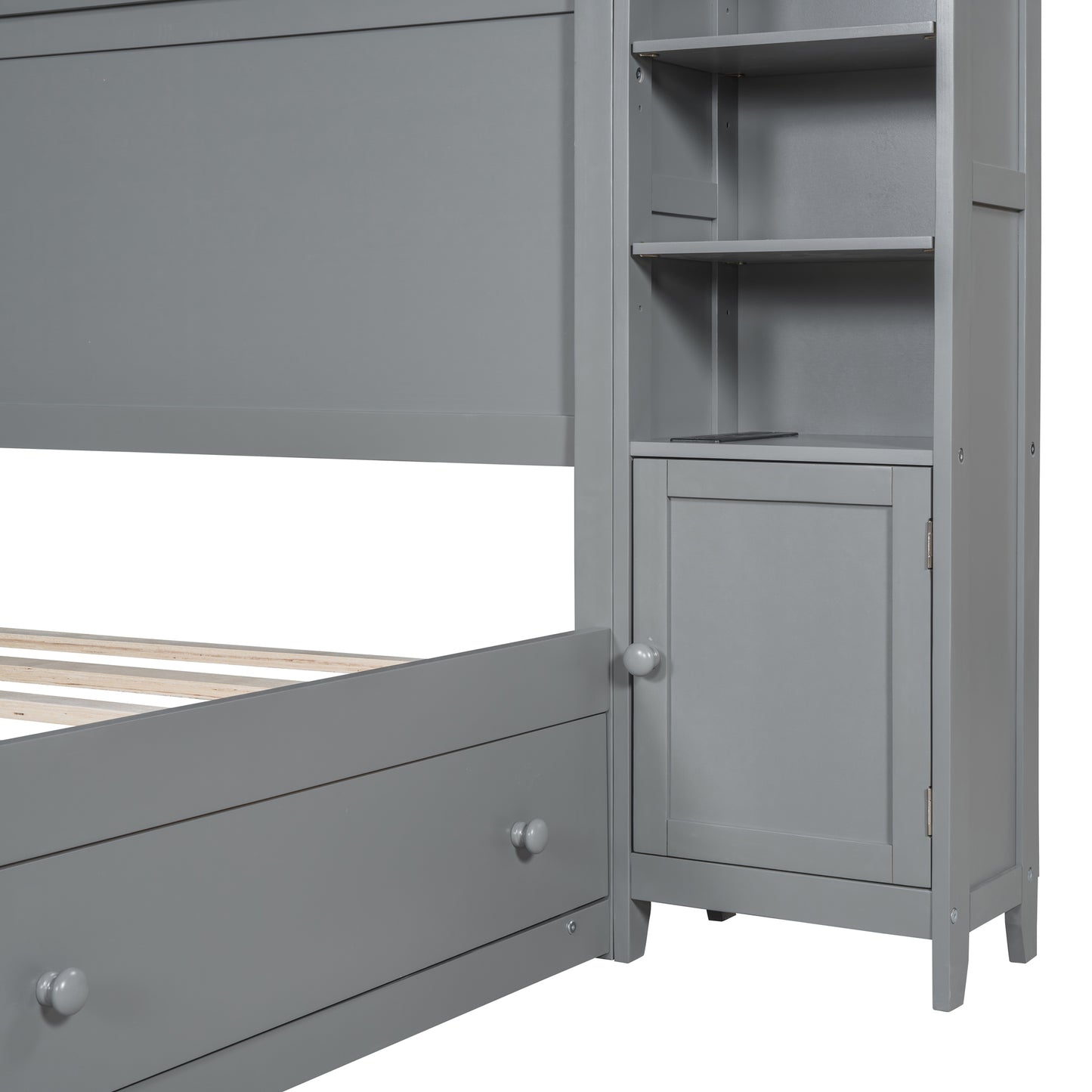 Grey wooden bunk bed with integrated shelving unit and storage drawer