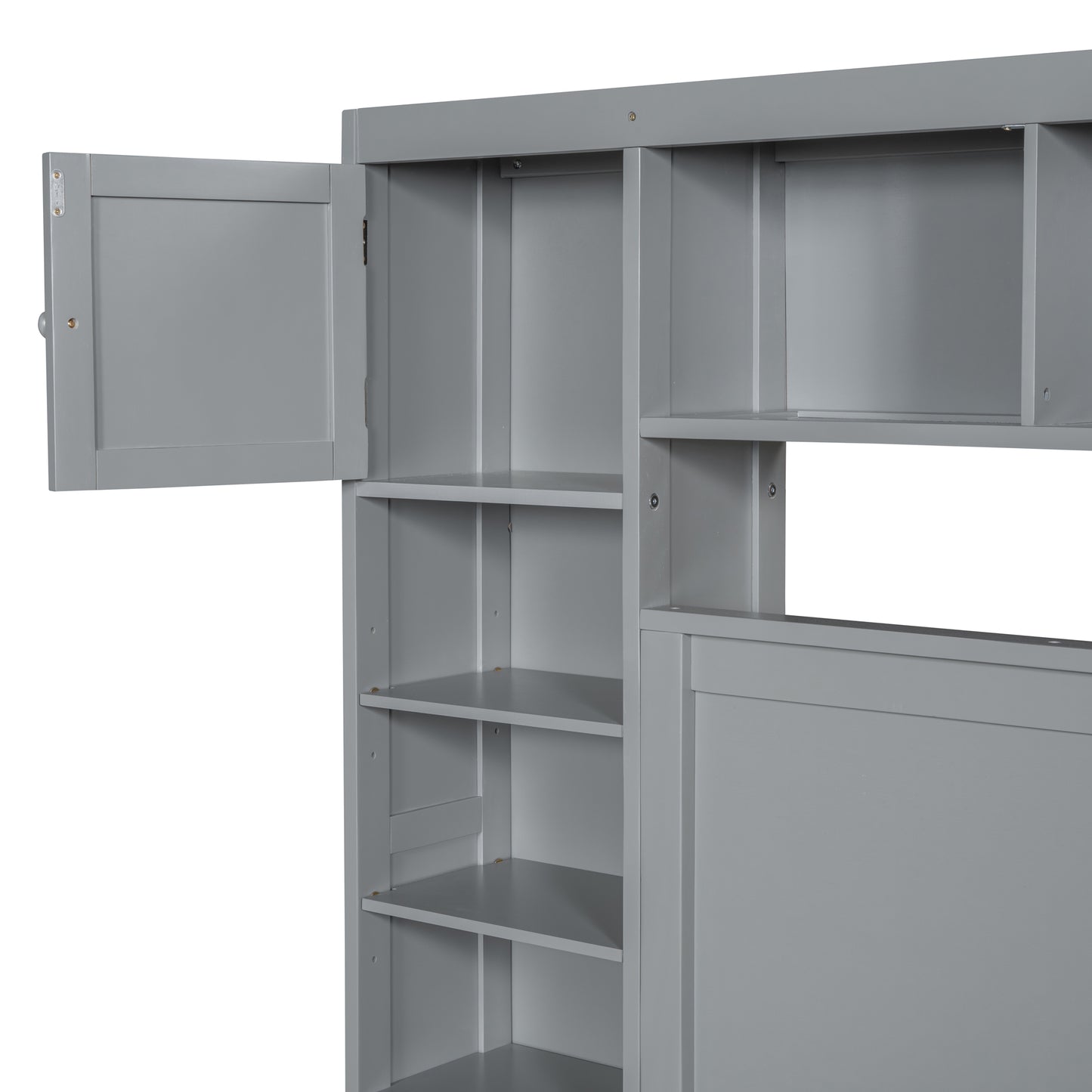 Gray open door of a wooden storage cabinet with multiple shelves