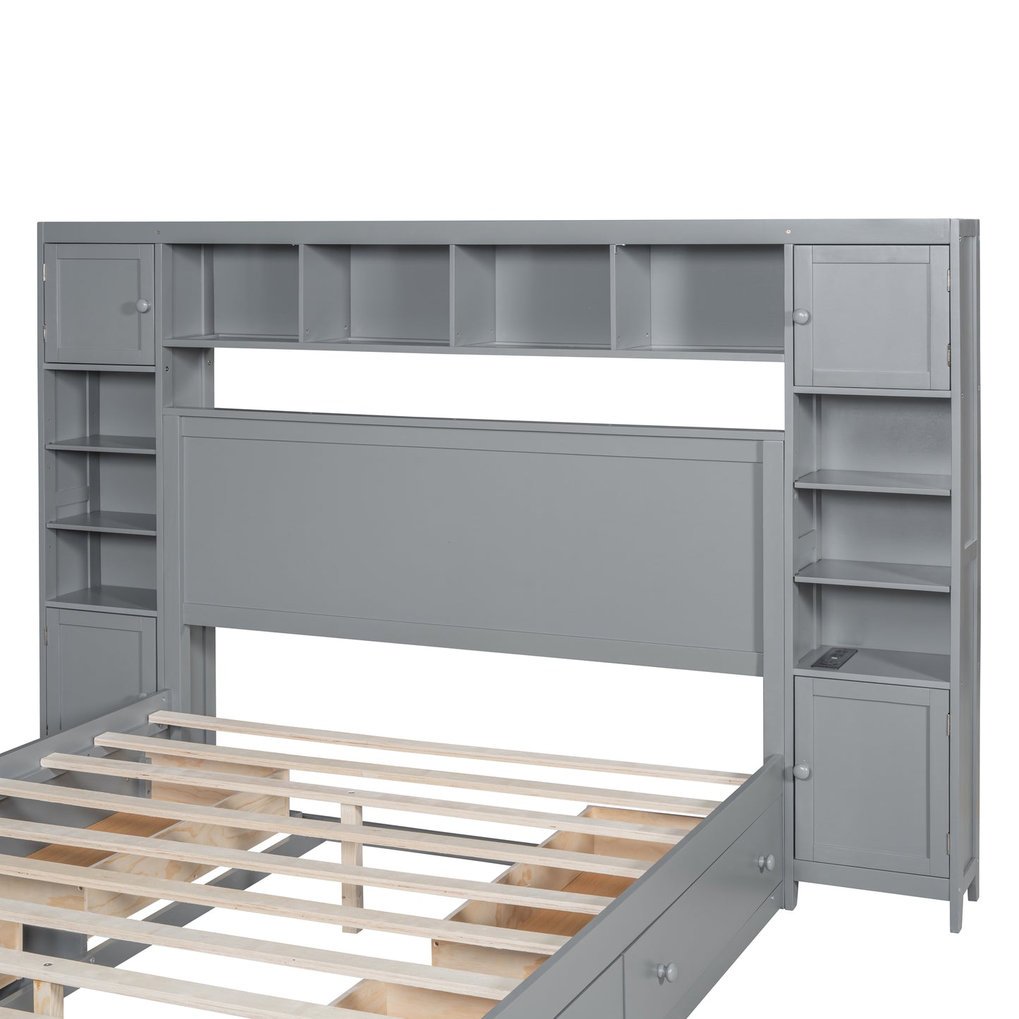 Gray wood storage bed frame with builtin headboard shelving and side cabinets