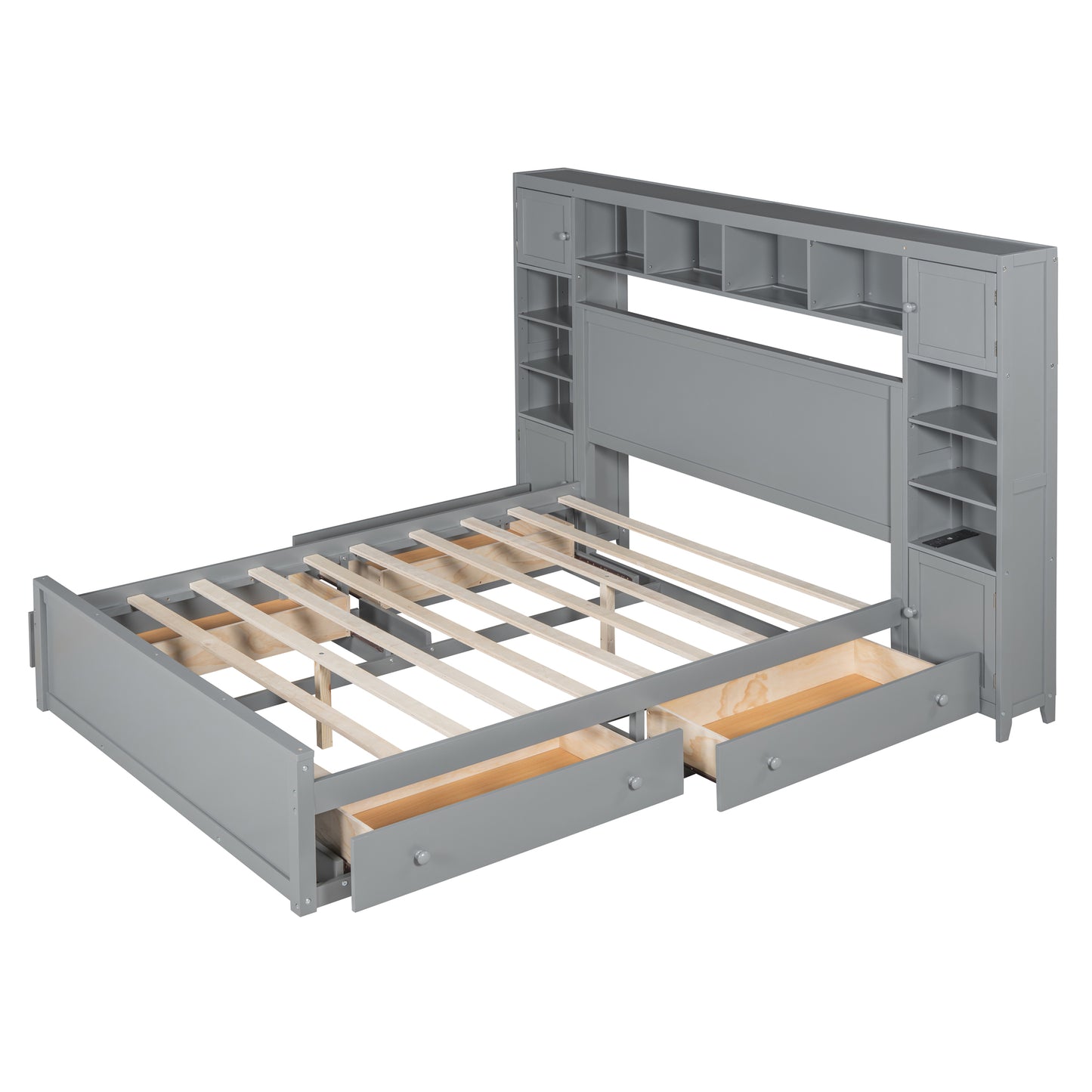 Gray platform bed frame with headboard storage and two drawers