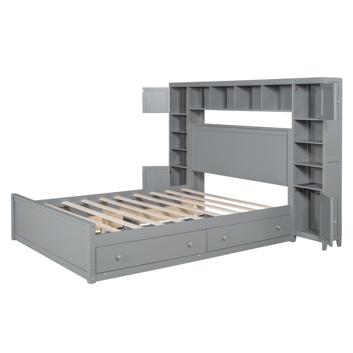 Gray platform bed frame with builtin bookcase headboard and two drawers
