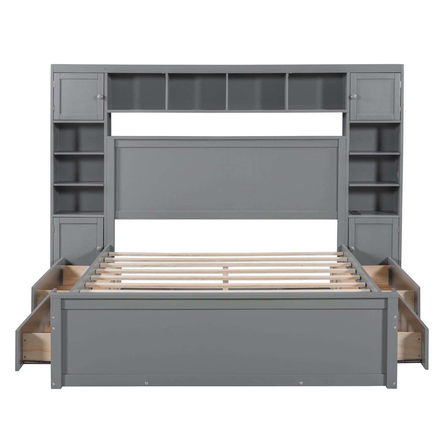 Grey wooden platform bed with storage headboard and drawers