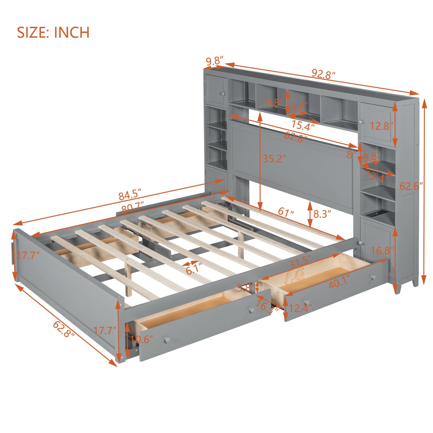 Gray wooden storage bed frame with integrated bookshelf headboard and drawers