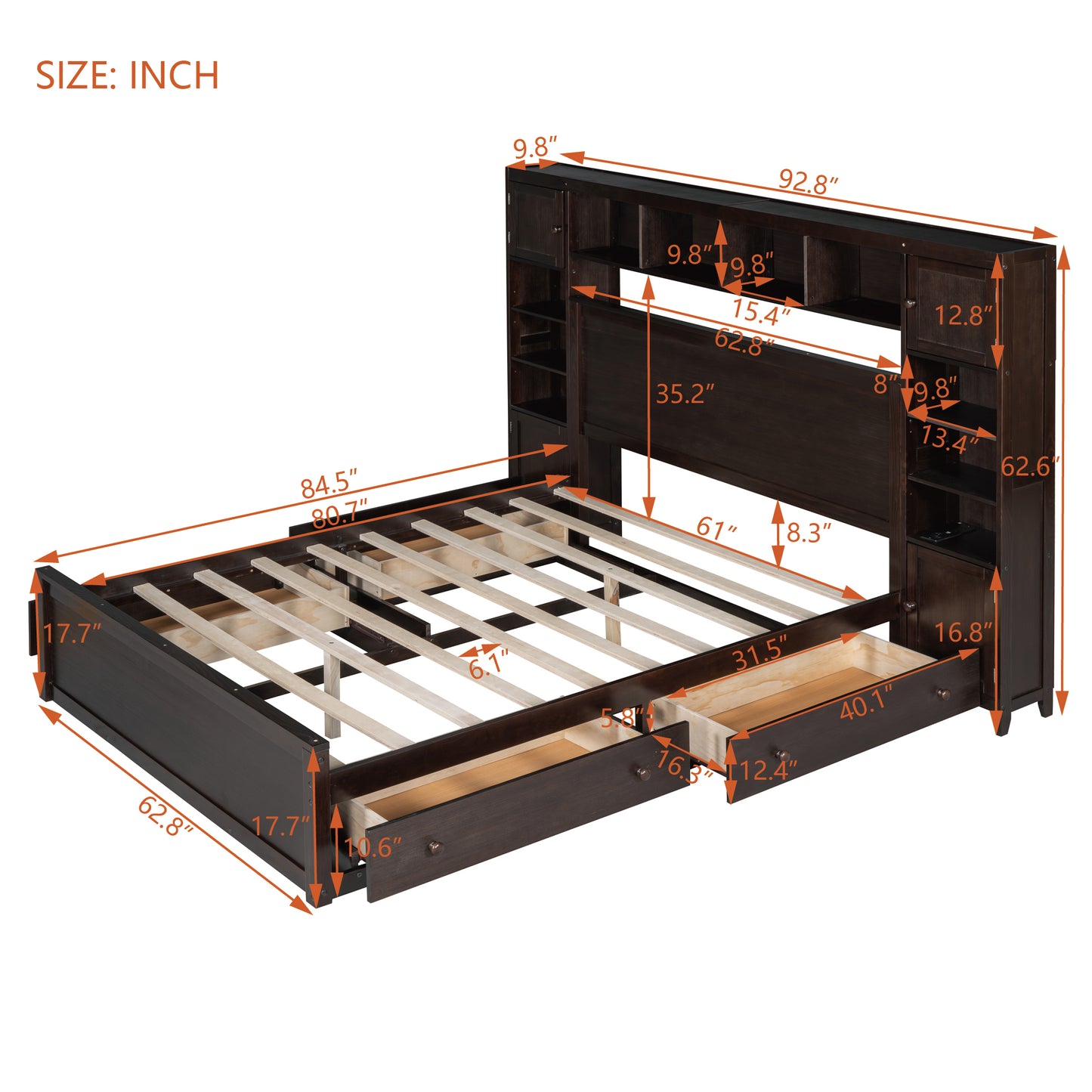Dark brown wooden bed frame with drawers and bookcase headboard