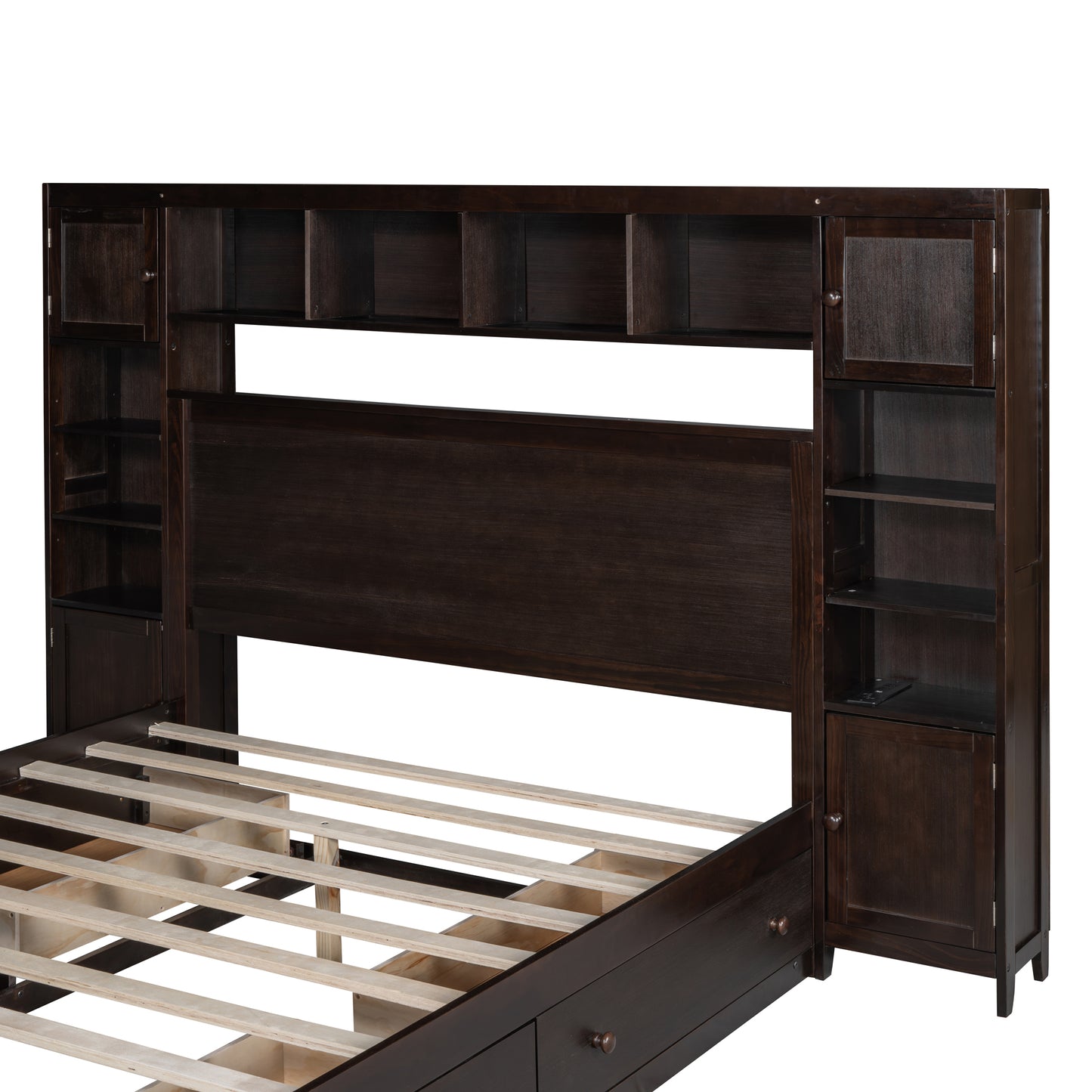 Dark brown wooden bed frame with integrated bookshelf headboard and side storage cabinets