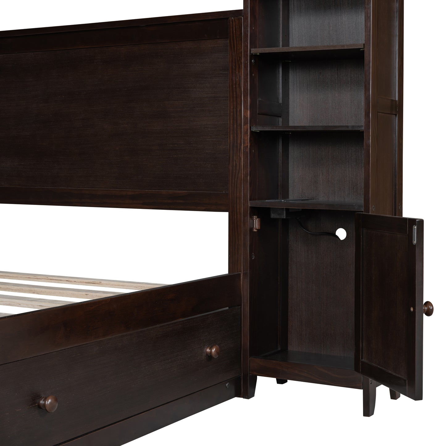 Dark brown wooden bed frame with integrated storage drawers and bookcase