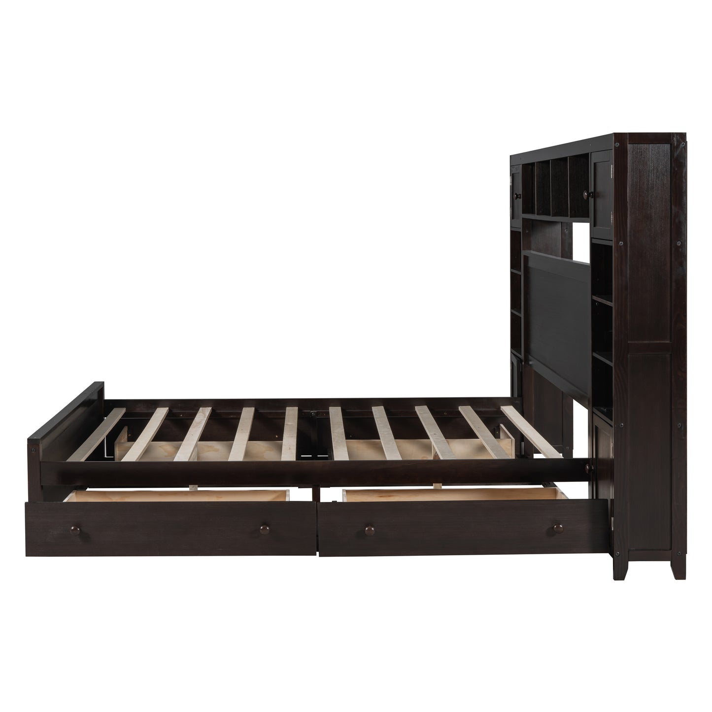 Dark brown wooden bed frame with bookshelf headboard and builtin drawers