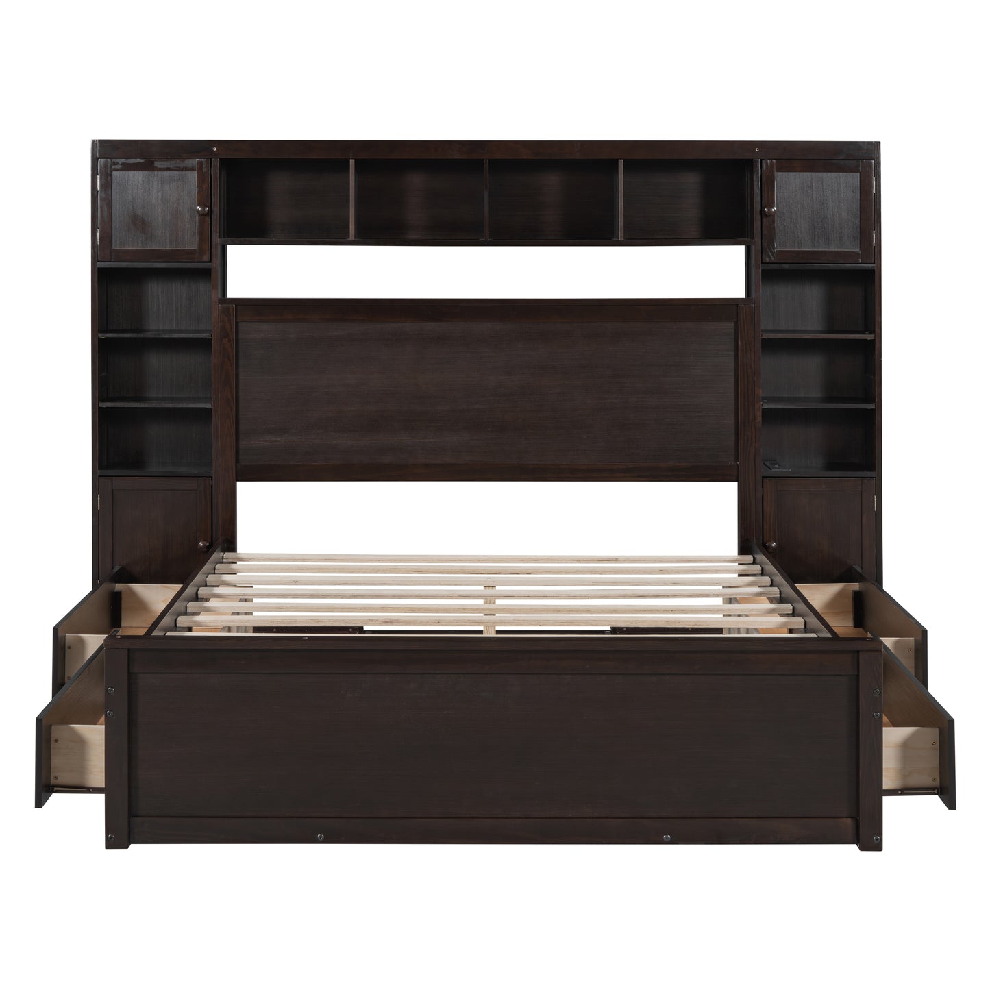 Dark brown wooden king bed with storage headboard and footboard
