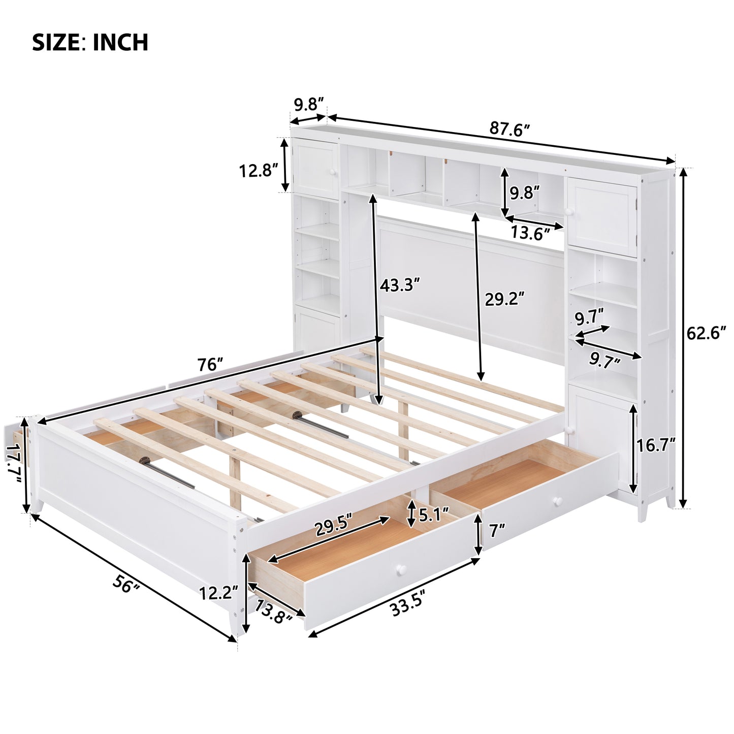 White twin bed frame with bookshelf headboard and drawers