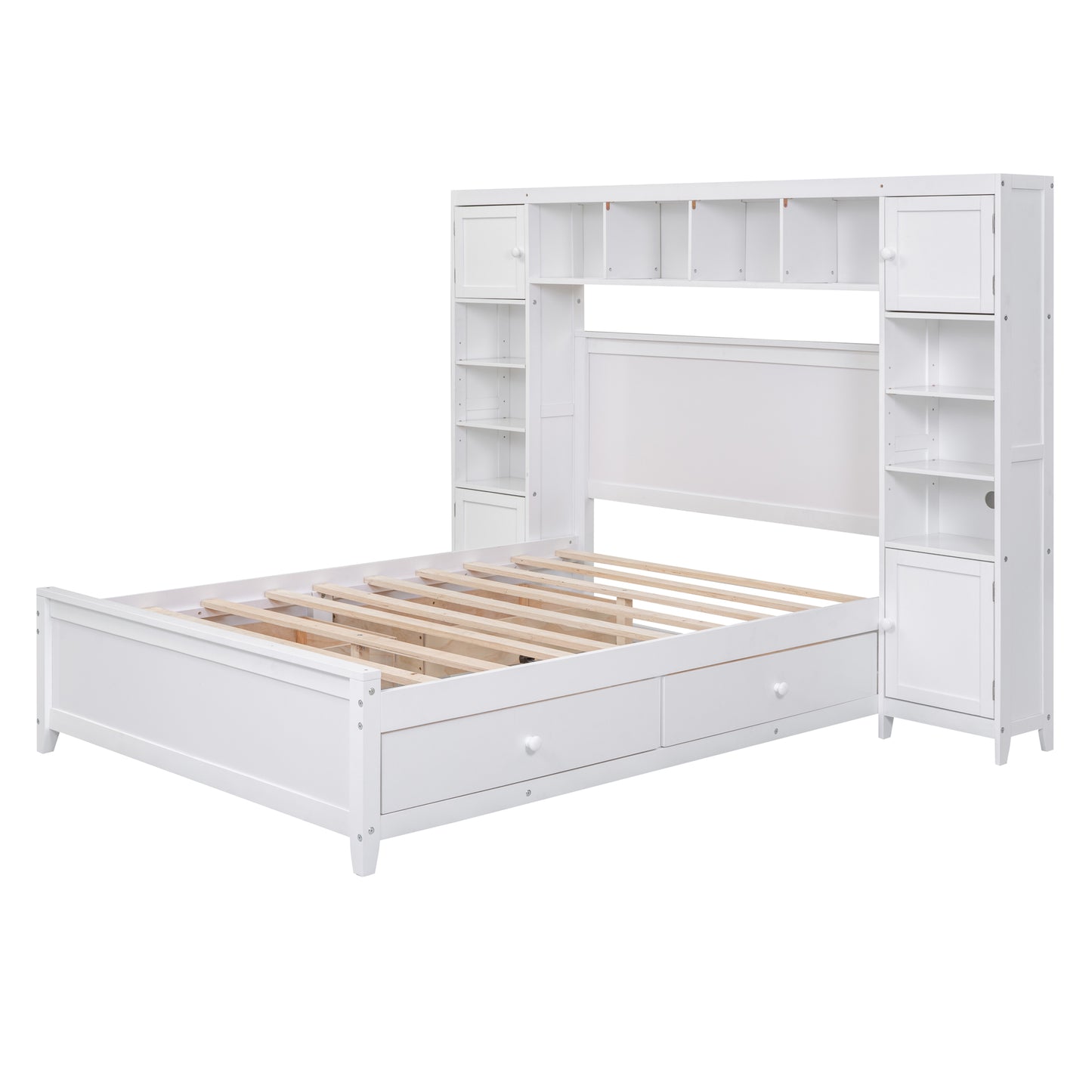 White wooden bed frame with integrated bookshelf headboard and storage drawers