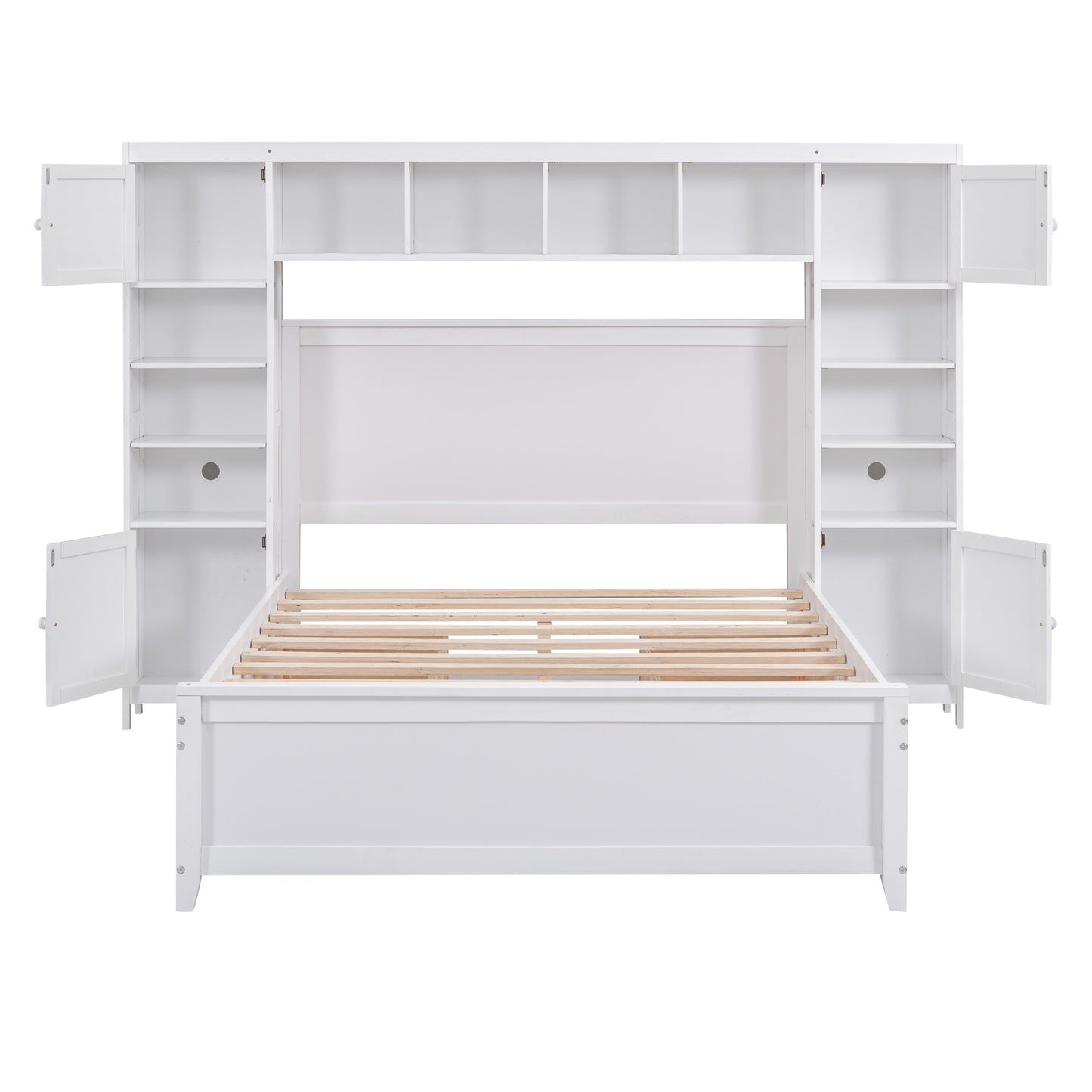White twin bed frame with builtin storage shelves and cabinets