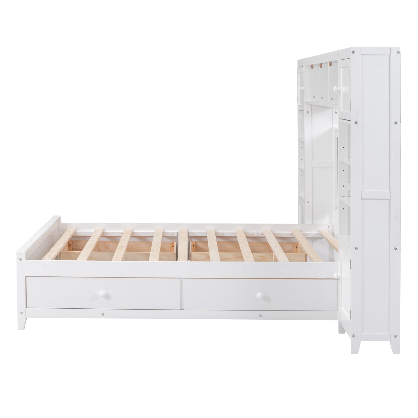 White twin bed frame with two drawers and integrated bookshelf unit
