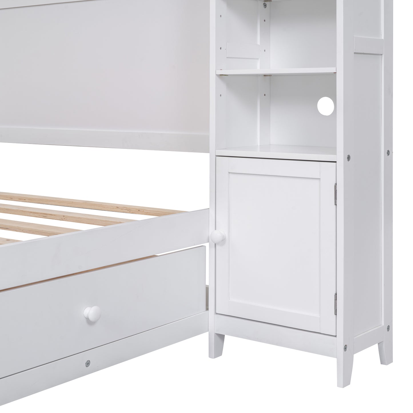 White wooden bunk bed frame with integrated bookshelf and drawer