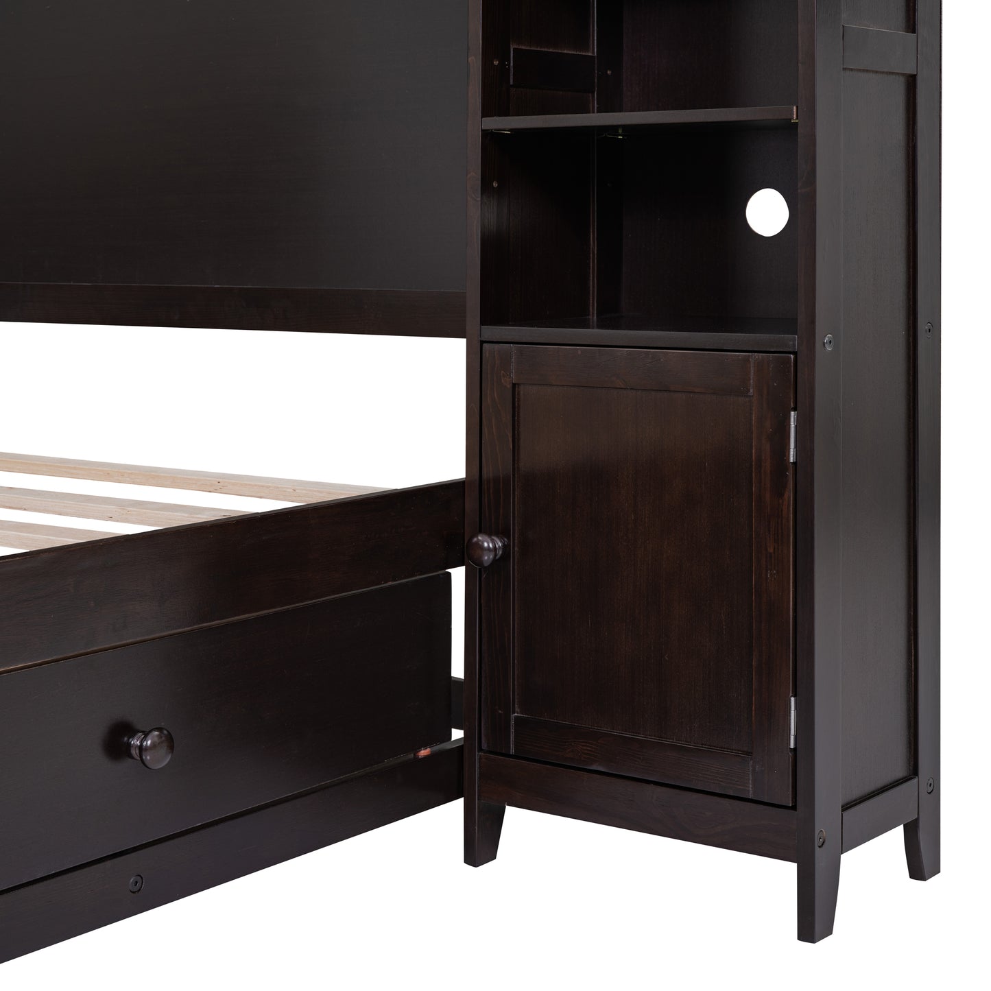 Dark espresso wood bunk bed with integrated cabinet and shelf