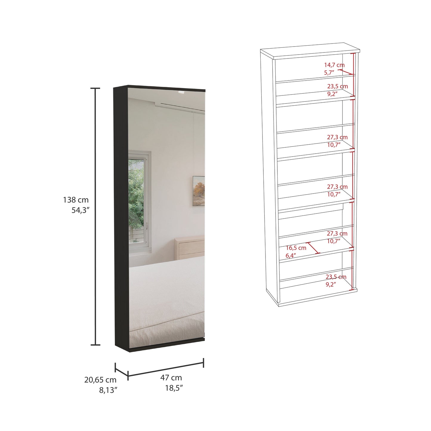 Tall black framed wall mirror with shelf dimensions