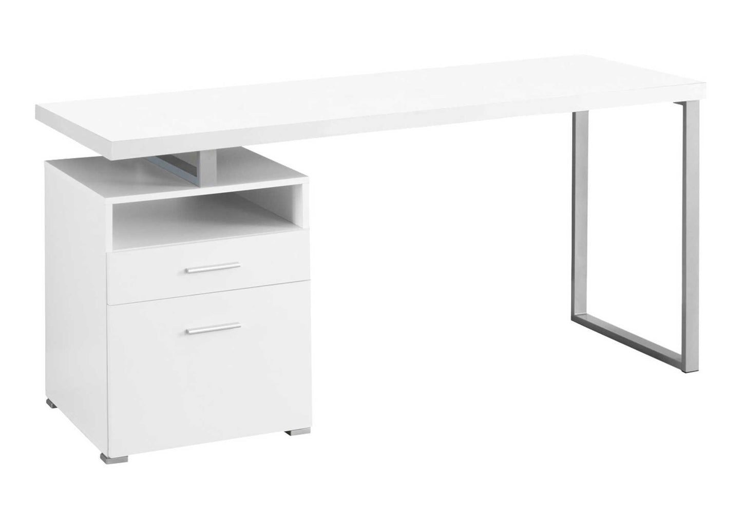 Modern white desk with chrome legs and integrated filing cabinet perfect for home offices
