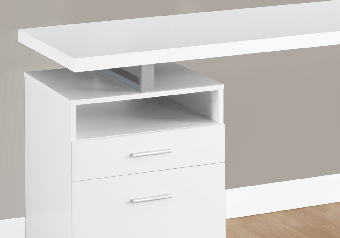White modern computer desk with two drawers and open shelving