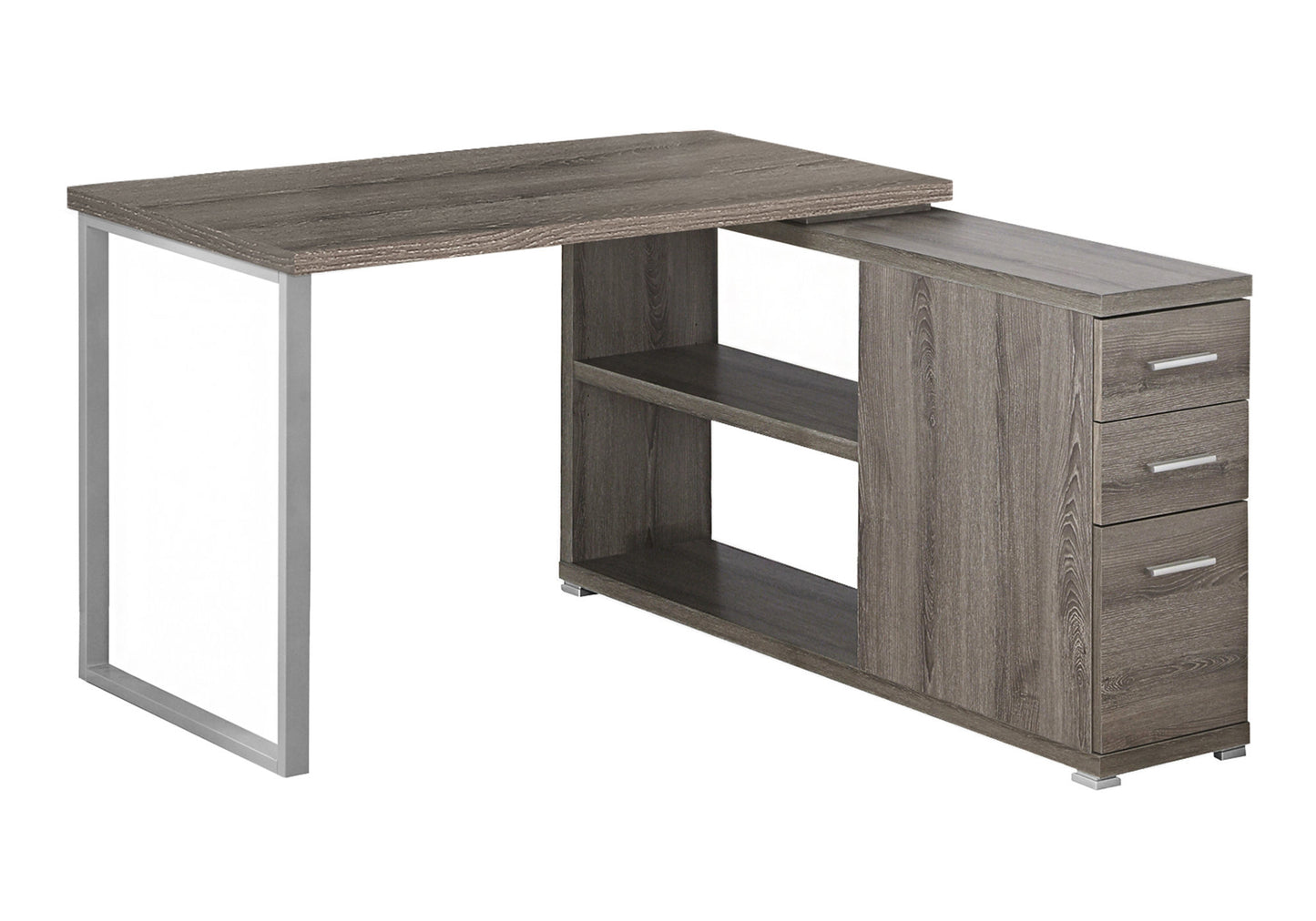 Modern Lshaped desk with gray wood finish and silver metal legs perfect for home office