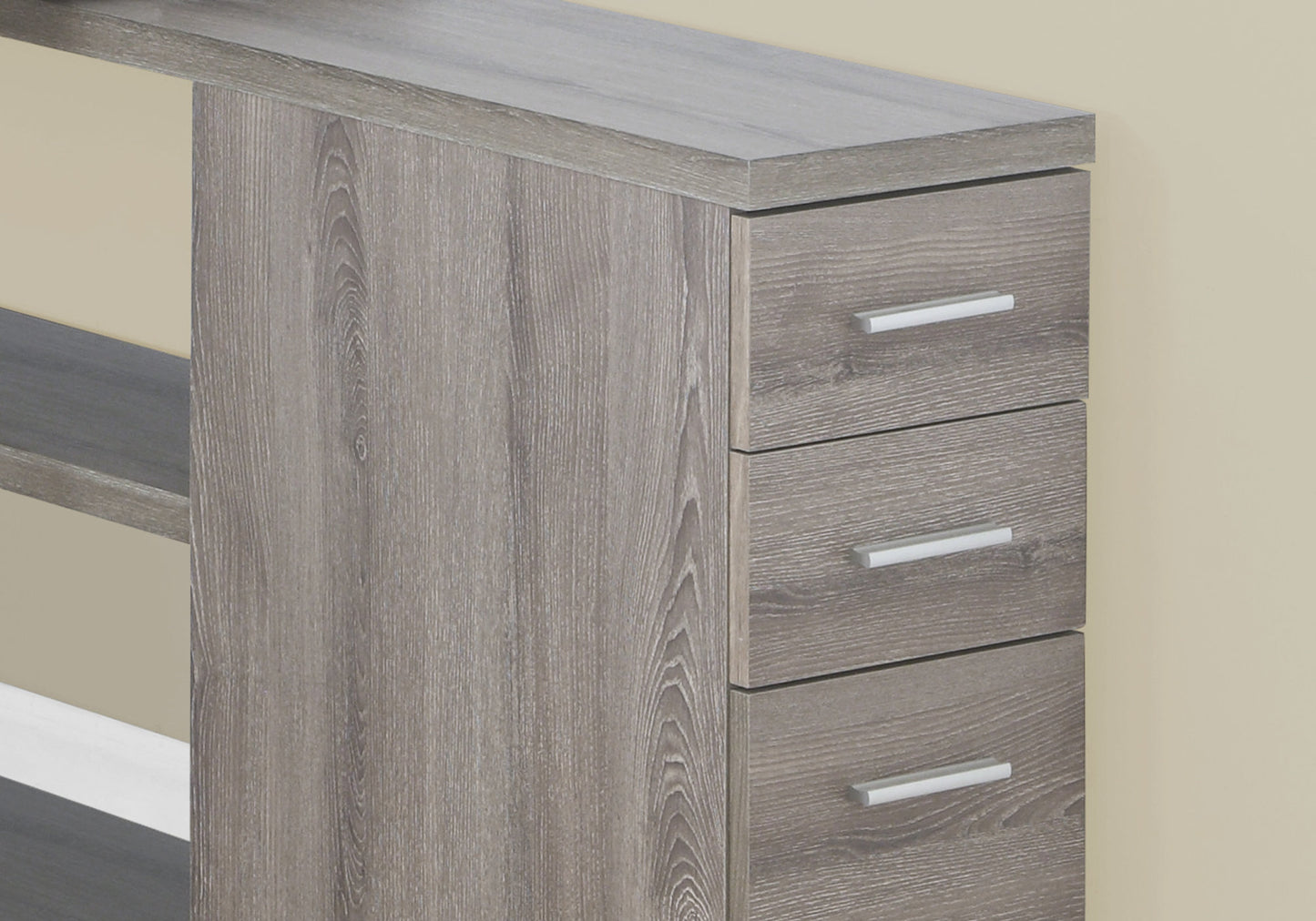 Rustic oak dresser with three white pull drawers and open shelving
