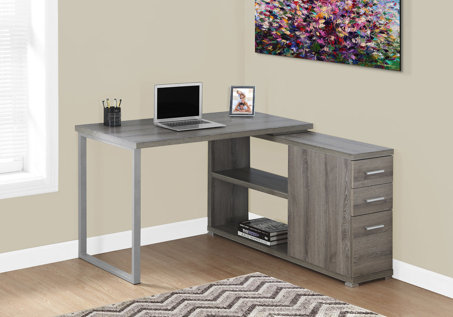 Reversible Lshaped desk with grey wood finish and silver metal legs ideal for home office setup