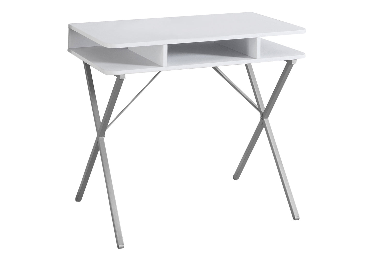 White modern writing desk with silver Xshaped legs and two open shelves