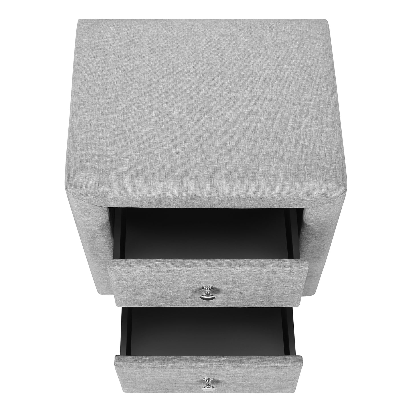 Gray upholstered nightstand with two drawers and silver knobs