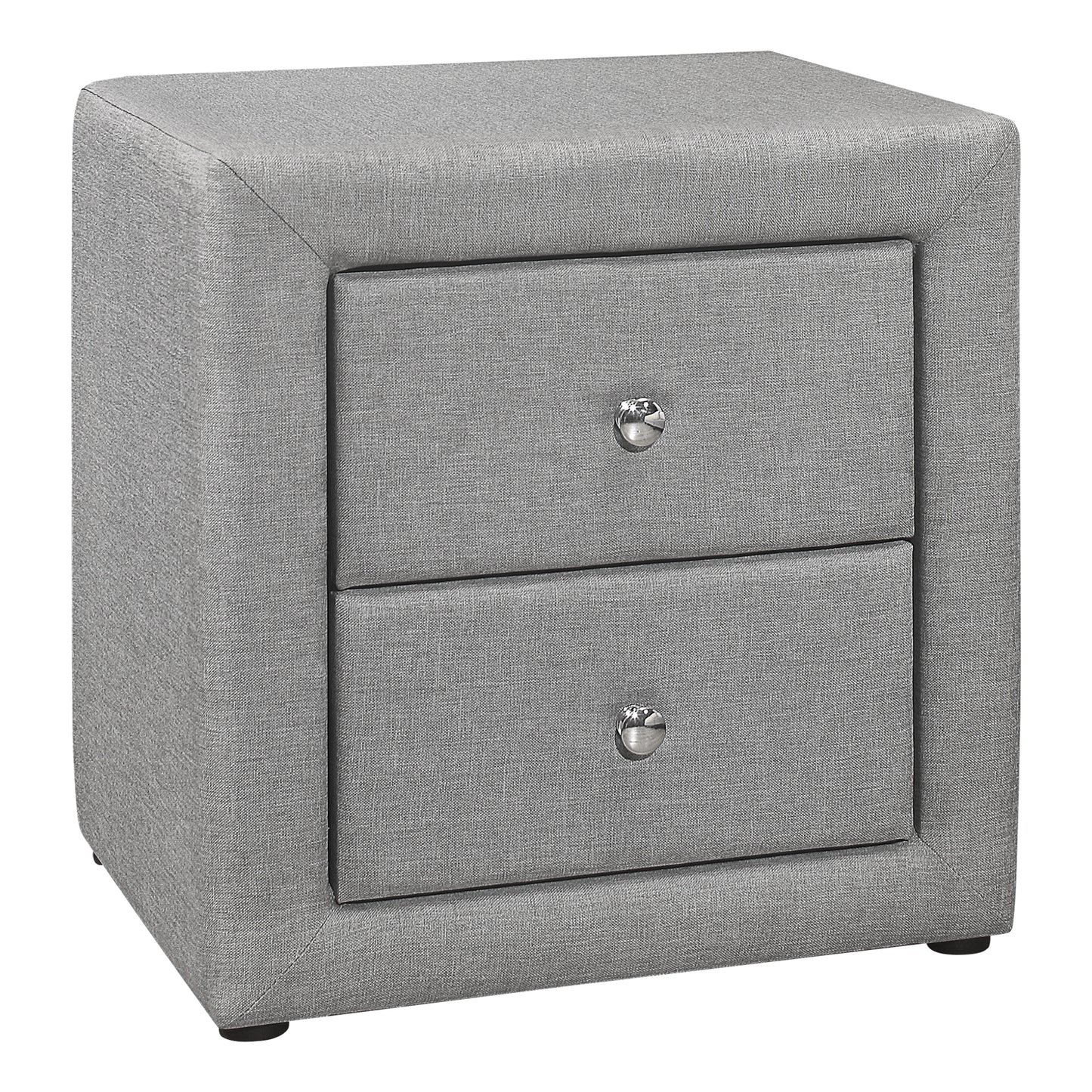 Gray fabric nightstand with two drawers and silver knobs