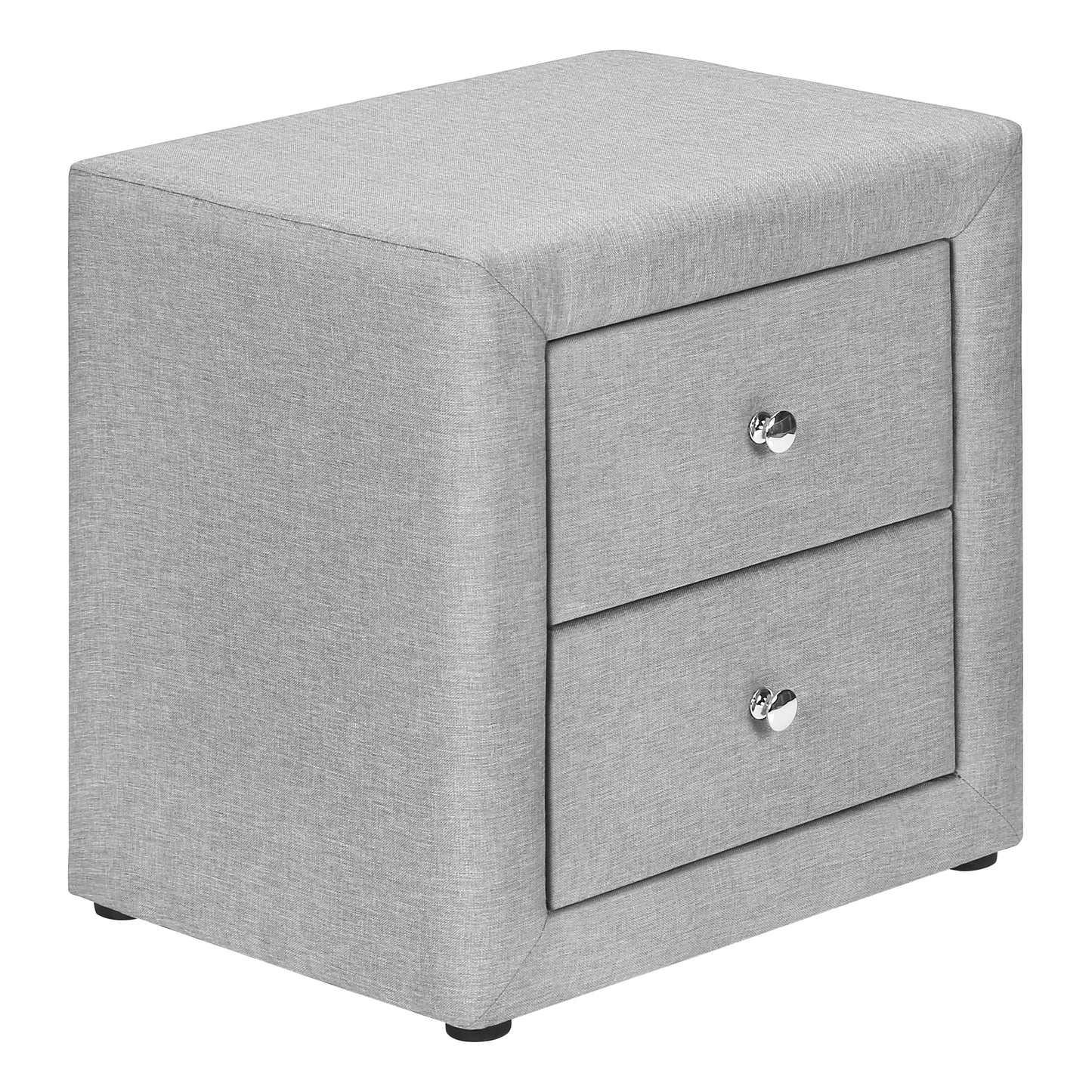 Light grey fabric upholstered nightstand with two drawers and chrome knobs