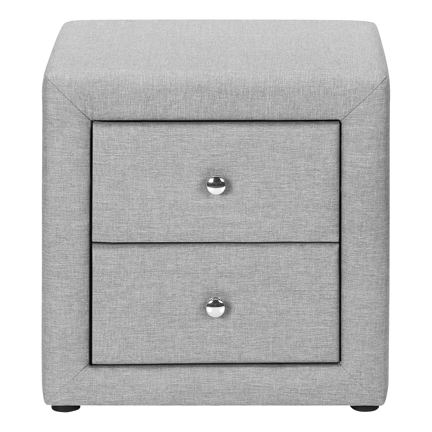 Gray fabric nightstand with two drawers and polished silver knobs