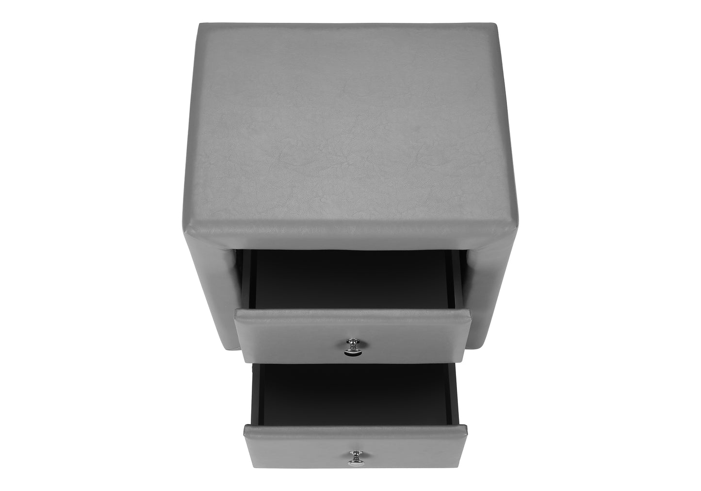 Gray faux leather storage ottoman with two open drawers and silver knobs