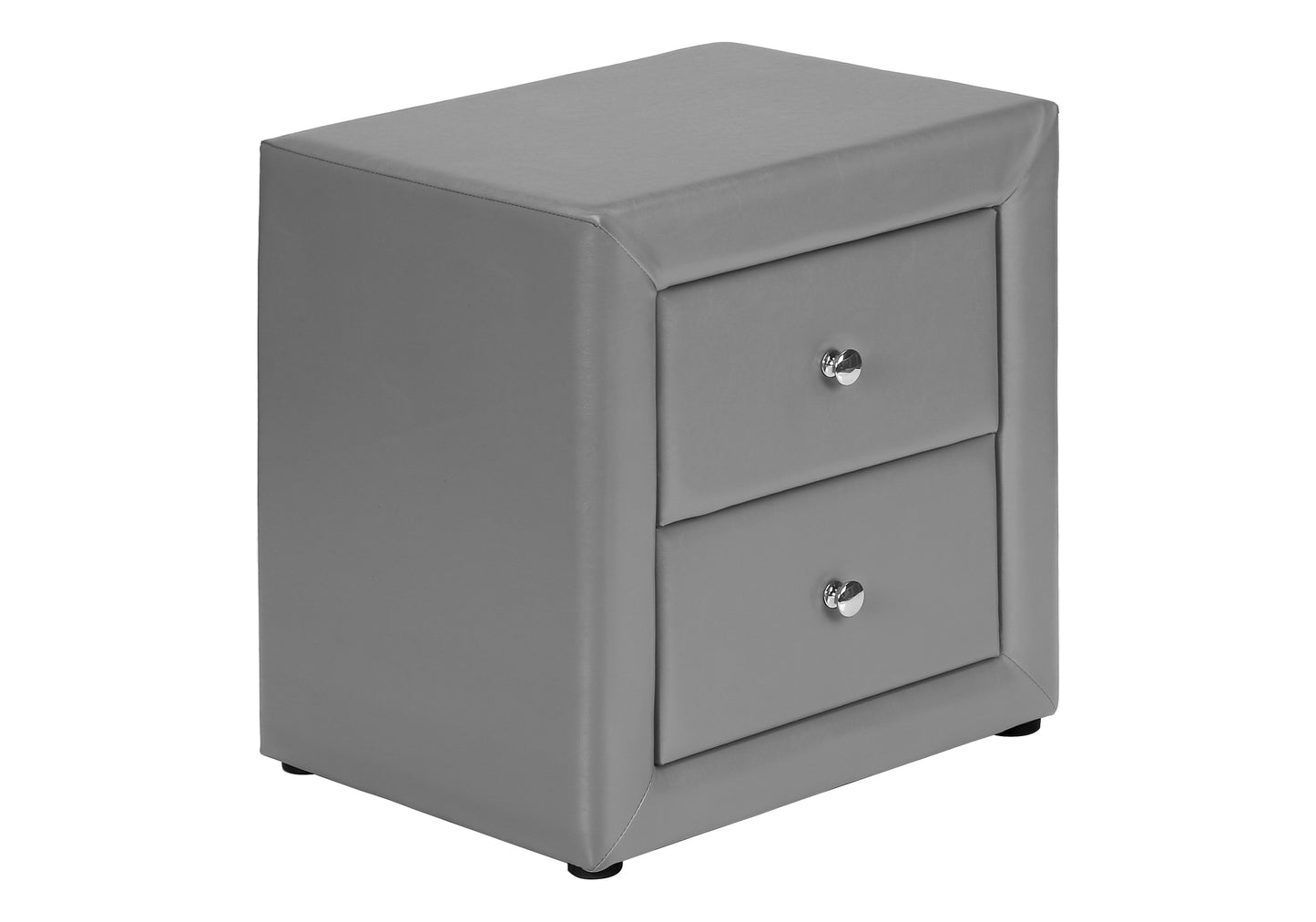 Gray faux leather nightstand with two drawers and silver knobs