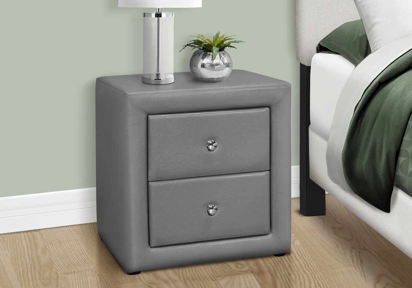 Gray faux leather twodrawer nightstand with crystal knobs