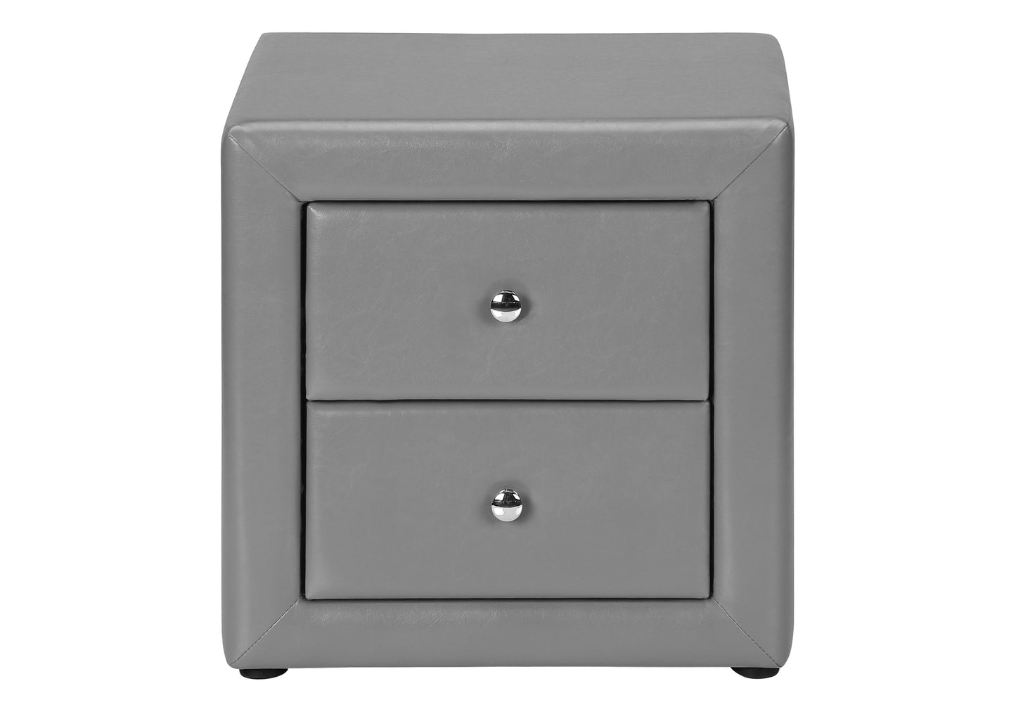 Gray faux leather nightstand with two drawers and silver knobs