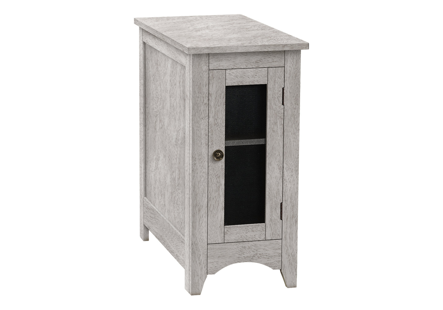 Distressed white wood accent cabinet with mesh door detail and brass knob