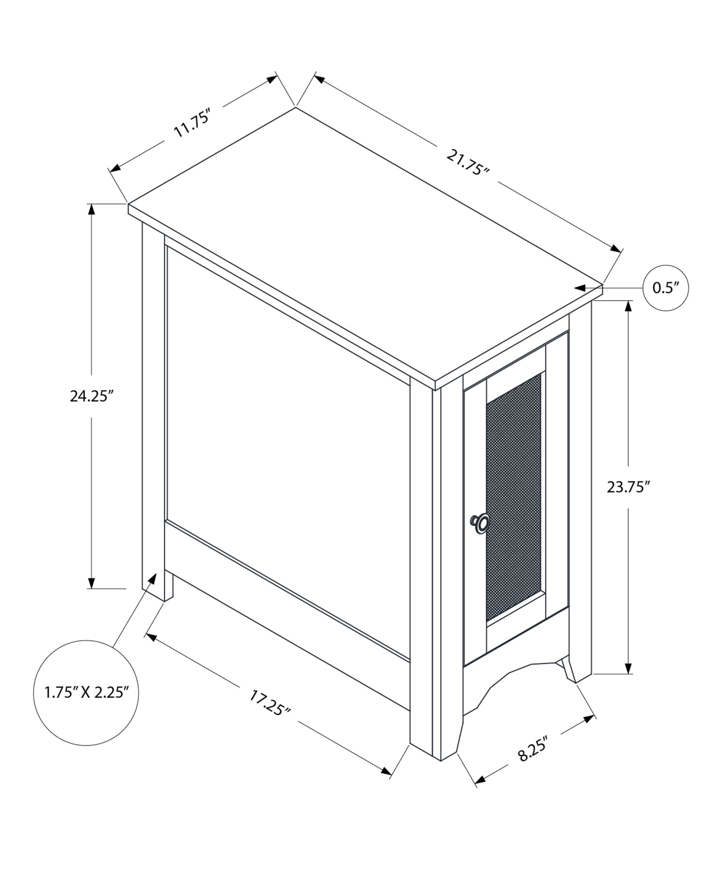 White end table with a single cabinet door featuring a mesh panel and knob