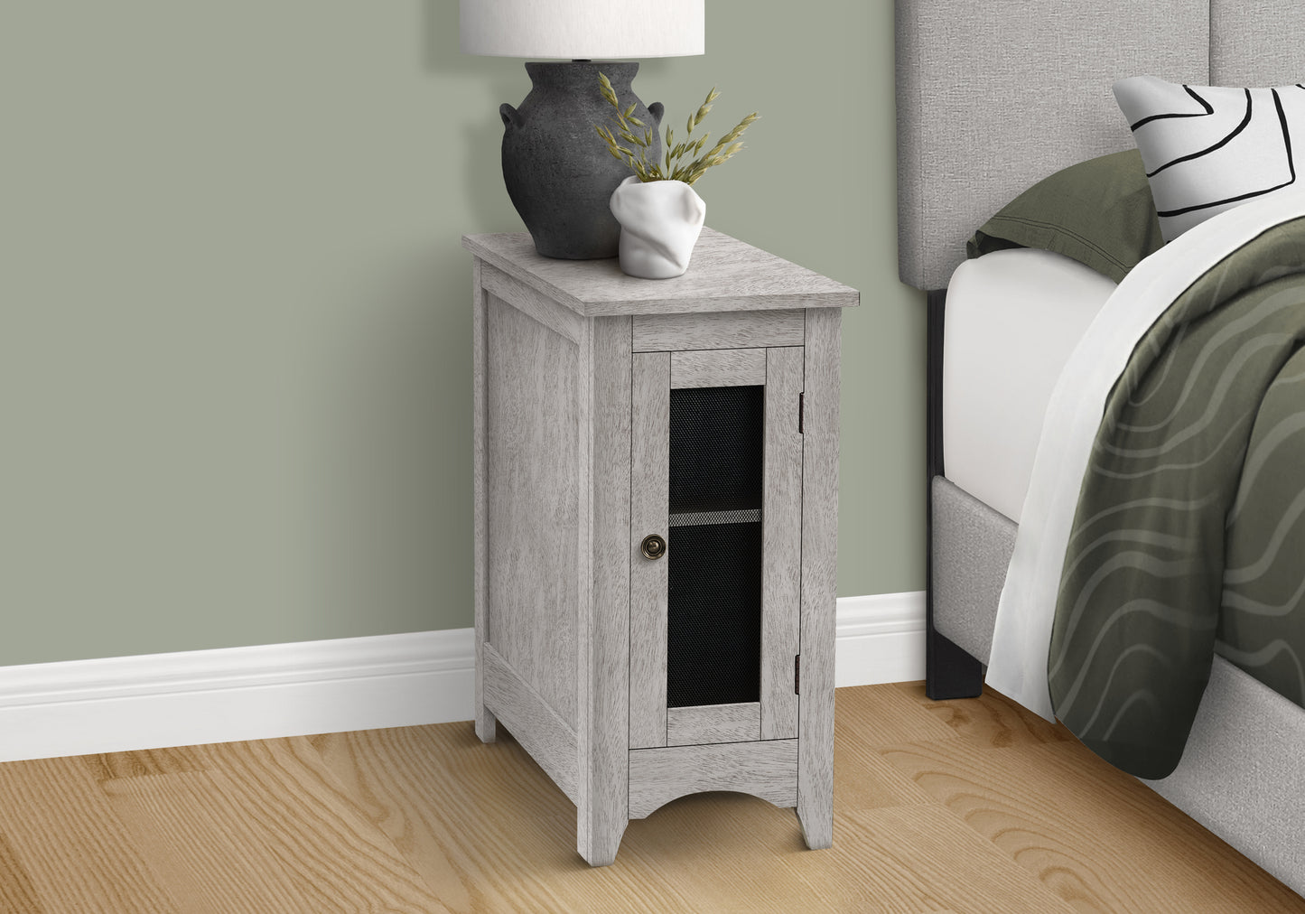 Rustic grey wood narrow nightstand with glass door accent