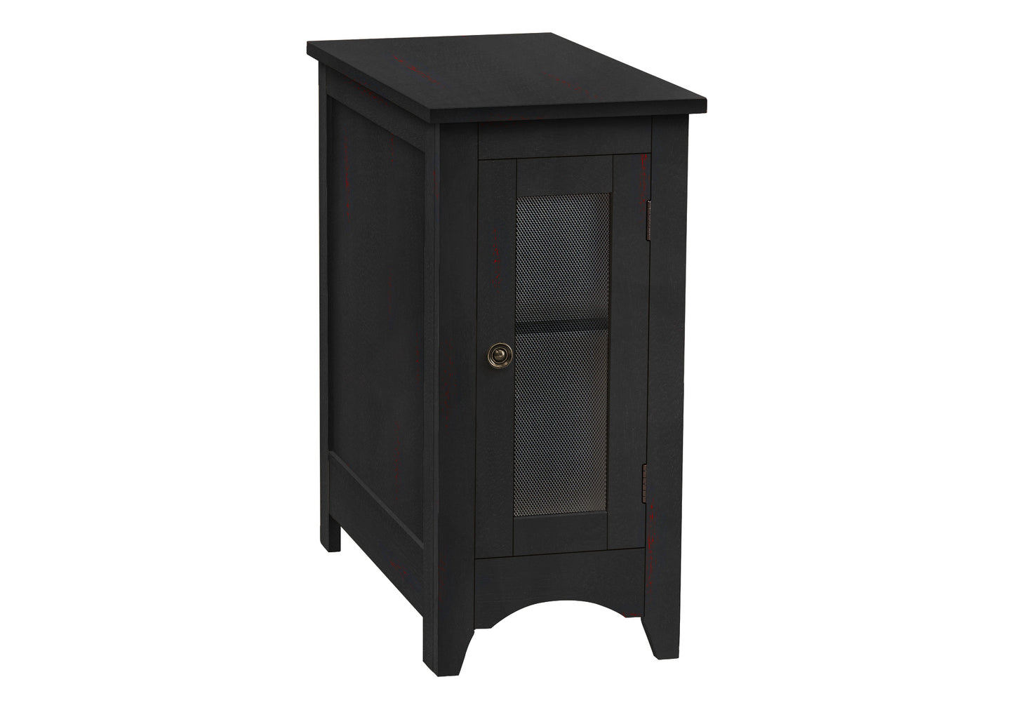 Dark wood accent cabinet with distressed finish and mesh door panel